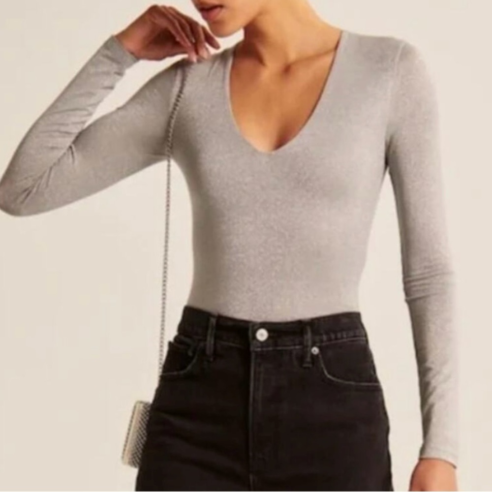 Abercrombie & Fitch Silver Glitter Long Sleeve V-Neck Bodysuit - Size L